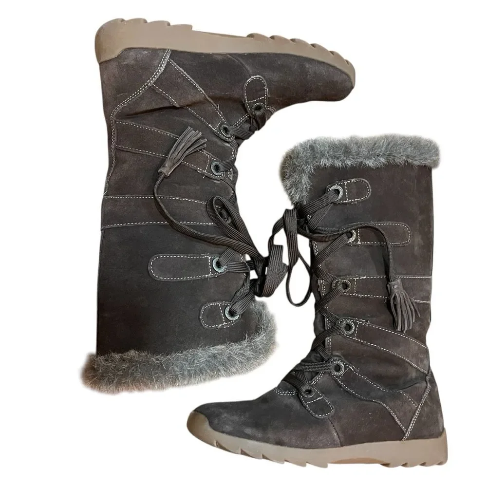 ZeroXposur Brown Suede Winter Boots Fur-Trimmed Tassel Tie Tall Warm